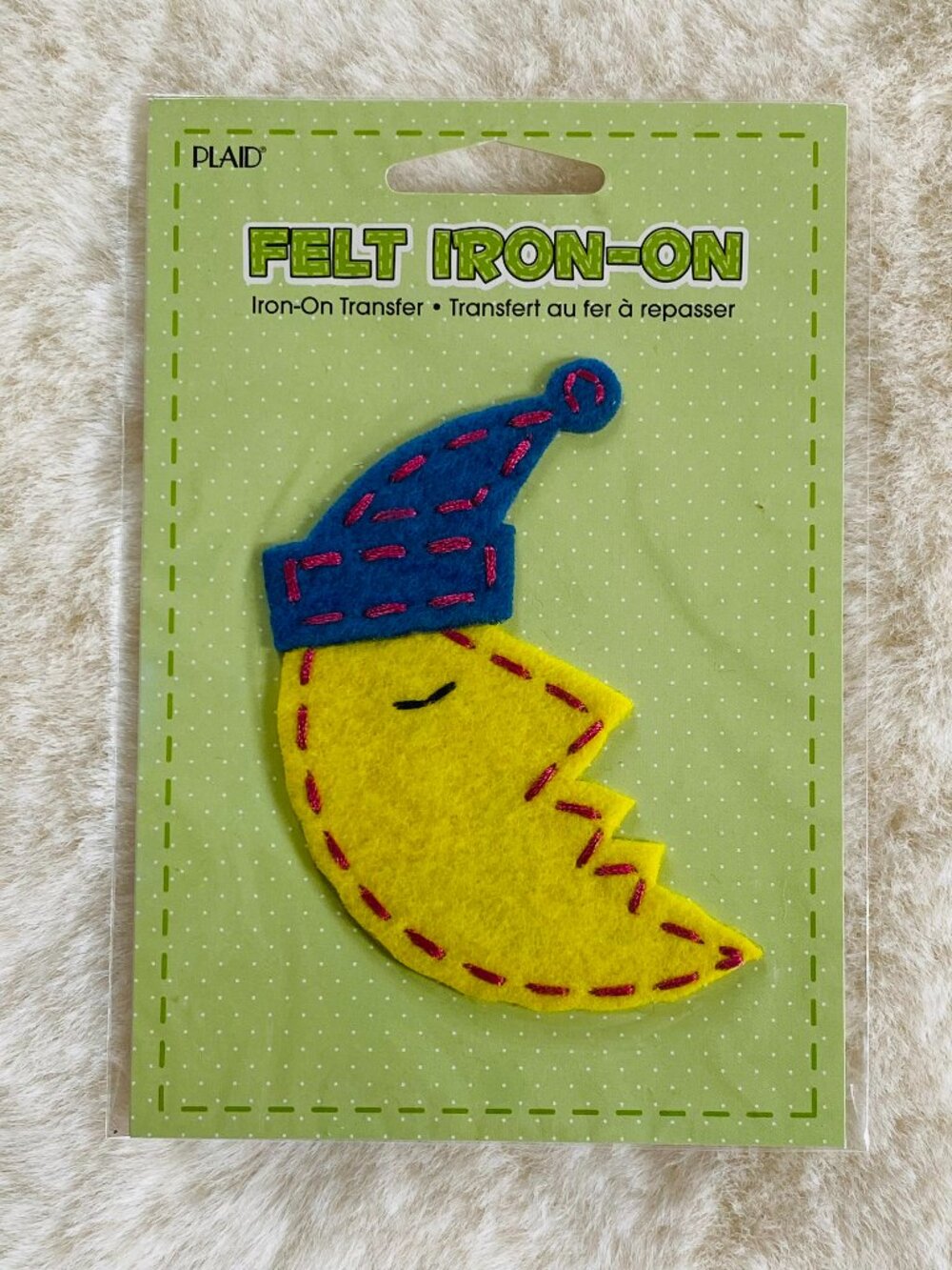 Plaid Felt Iron-On Patch Crescent Moon with Night Cap NEW